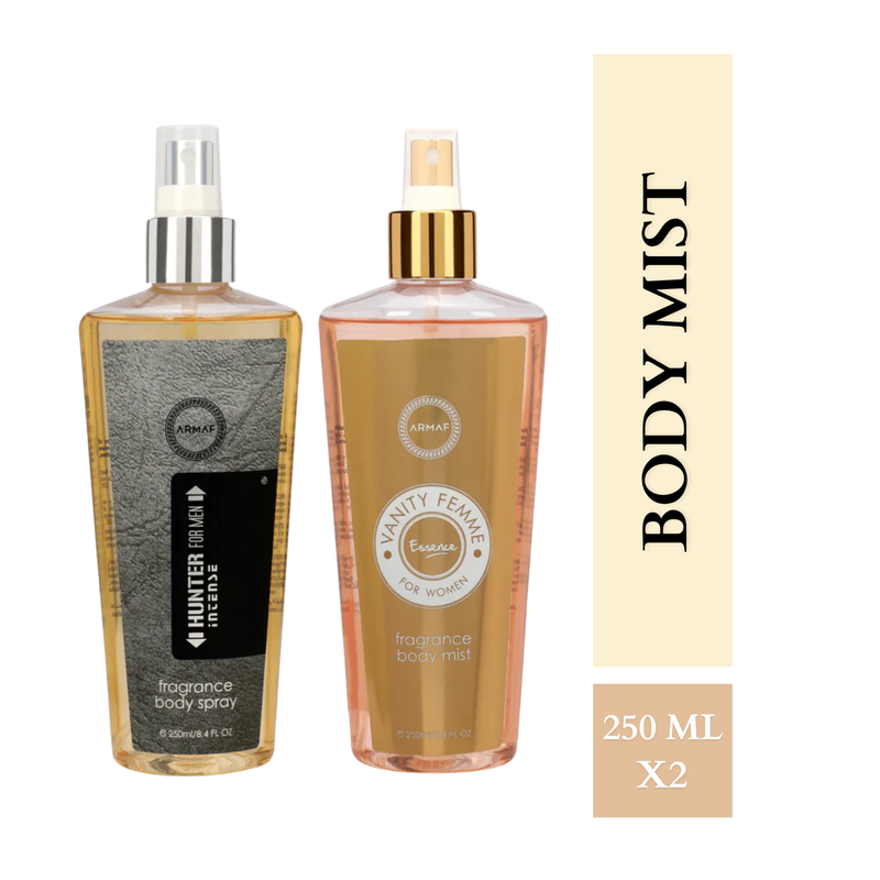 Armaf Hunter Intense & Vanity Femme Essence Fragrance Body Mist for Men & Women - 250ML Each (Pack of 2)
