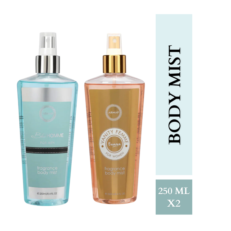 Armaf Blue Homme & Vanity Femme Essence Fragrance Body Mist for Men & Women - 250ML Each (Pack of 2)
