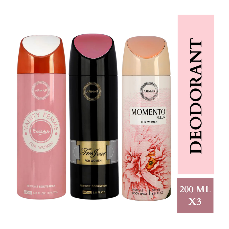 Armaf Vanity Femme Essence & Tres Jour & Momento Fleur  Women Deodorants - 200ML Each (Pack of 3)