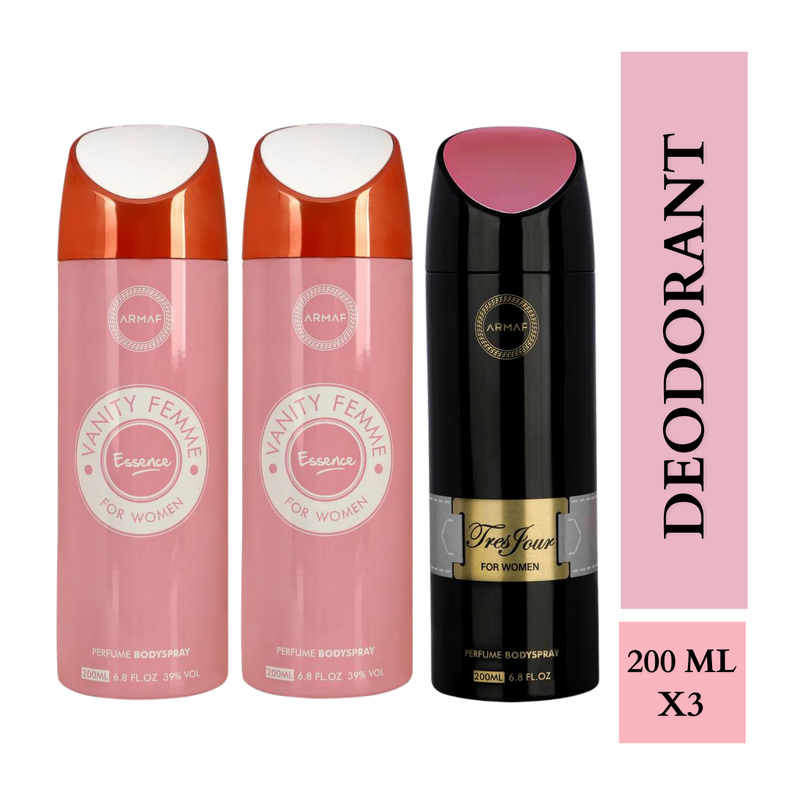 Armaf Vanity Femme Essence & Tres Jour Deodorants for Women - 200ML Each (Pack of 3)